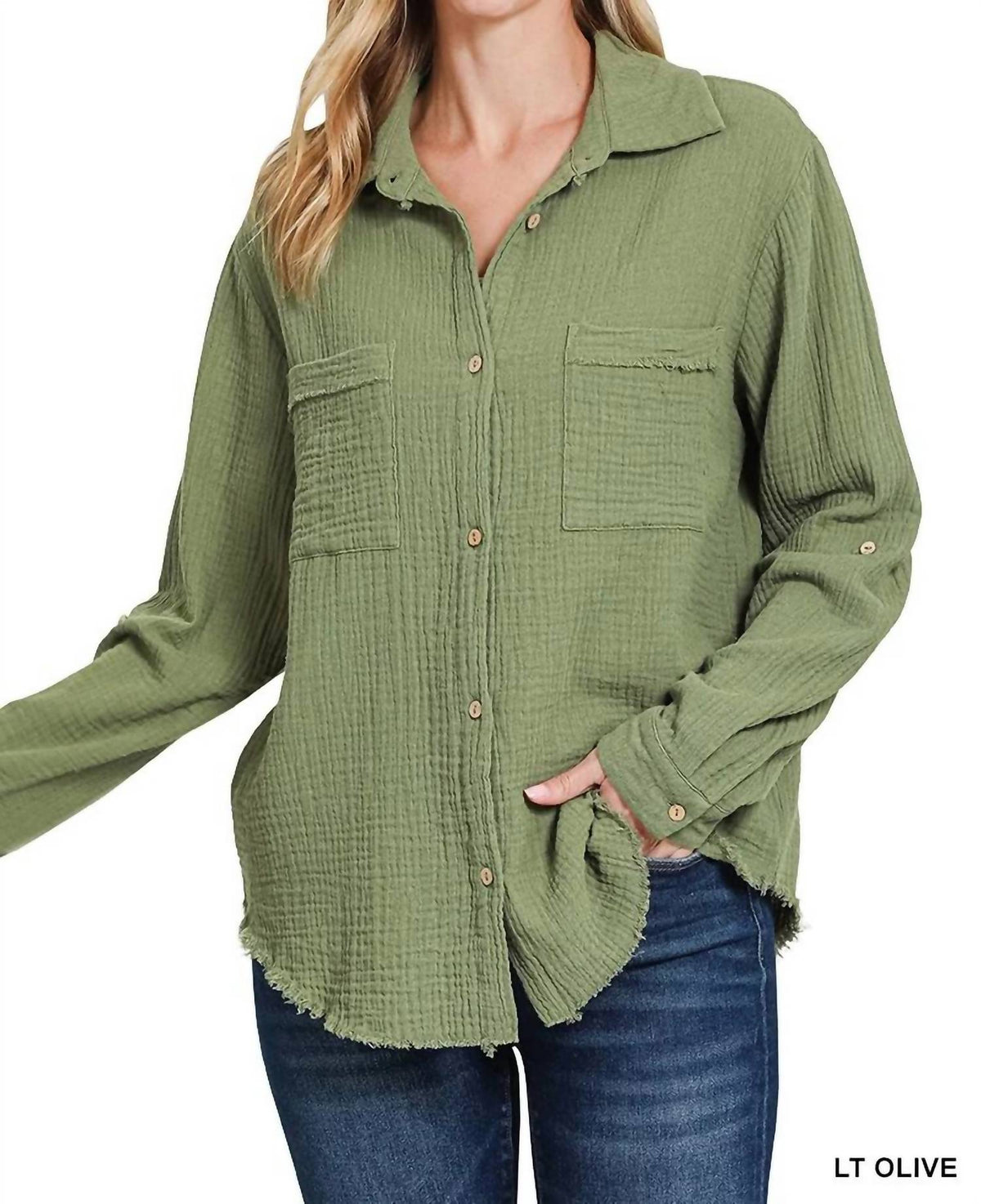 Gauze Button Up Top In Light Olive