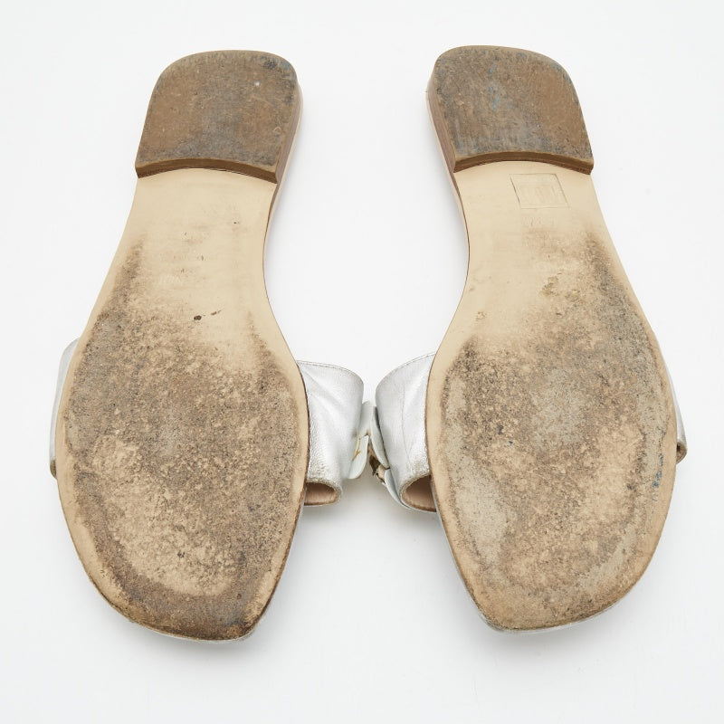 Fendi Silver Leather Flowerland Flat Slides Size 40.5