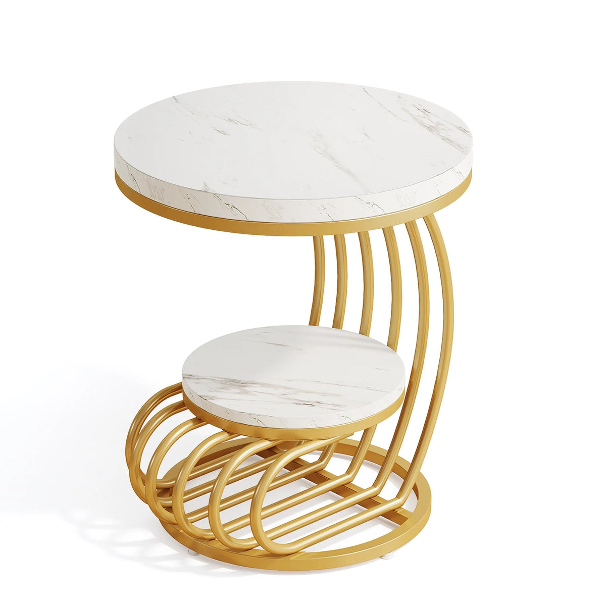 Gold Round End Table: Two-Tier Faux Marble Side Table with Storage Shelf, Modern White and Gold Bedside Nightstand