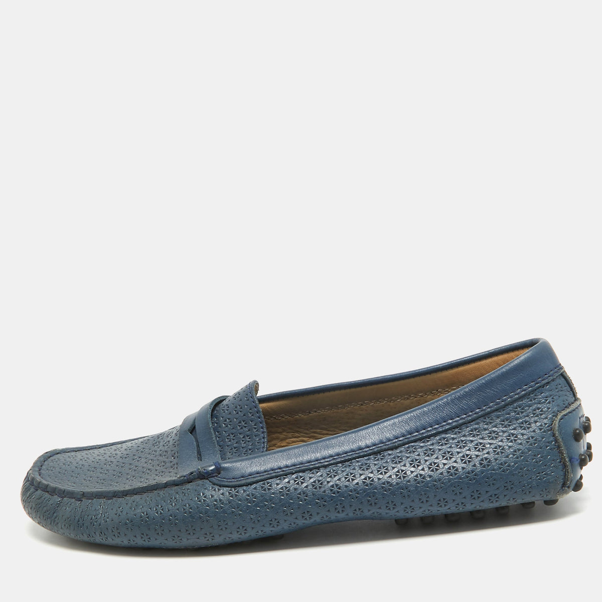Tod's Navy Blue Leather Laser Cut Penny Loafers Size 38