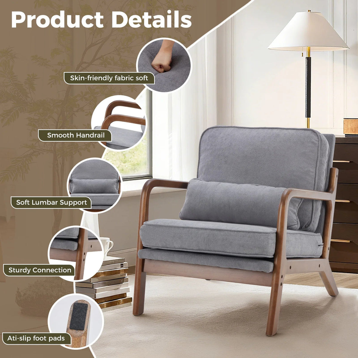 Mid-Century Modern Accent Chair with Solid Wooden Frame, Armrests, and Waist Cushion for Adults - Ideal for Reading and Lounging