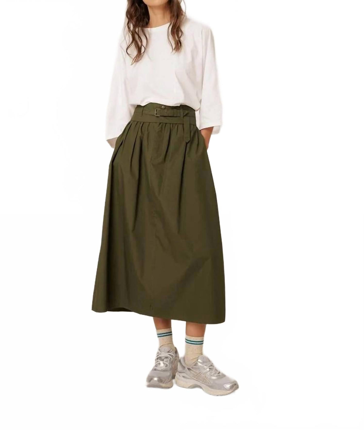 Women's Poplin Midi Skirt In Army Green