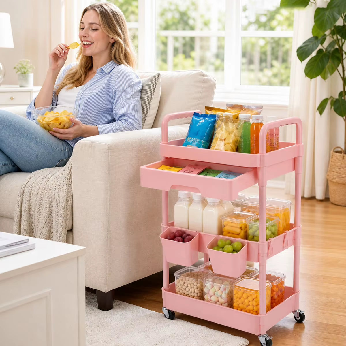 3-Tier Mobile Storage Cart with Pull-Out Drawer, Lockable Wheels, and Hanging Cups - Versatile Organizer for Kitchen, Bathroom, and Living Room