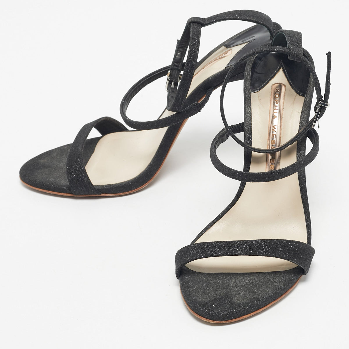 Sophia Webster Metallic/Black Glitter and Leather Ankle Strap Sandals Size 36