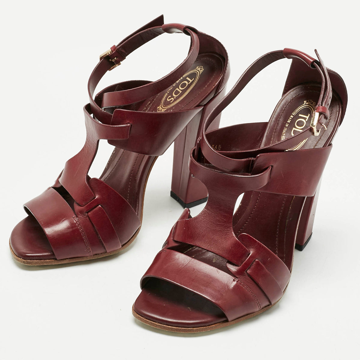 Tod's Brown Leather Ankle Strap Block Heel Sandals Size 36.5