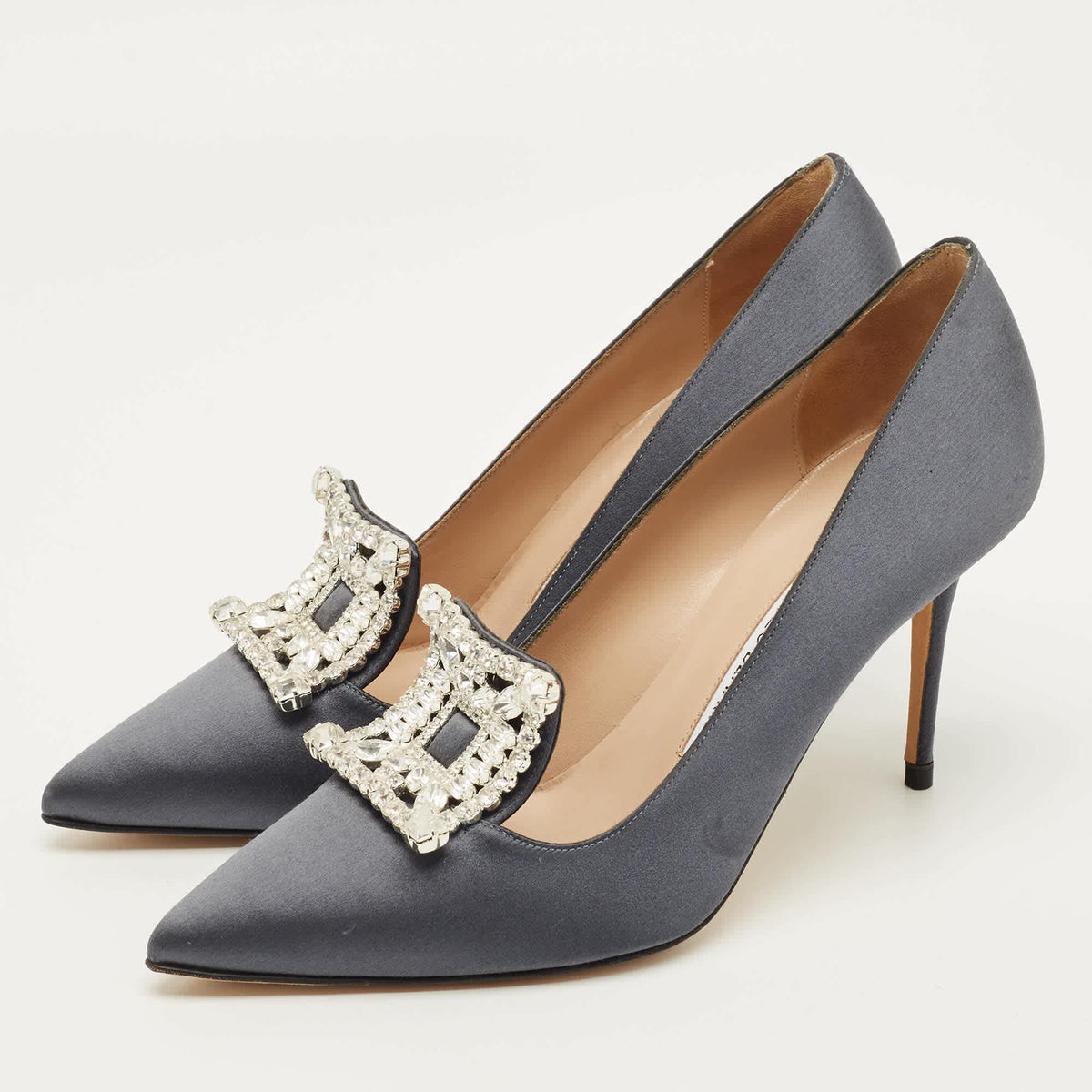 Manolo Blahnik Borlak Size 37.5 Grey Satin Pumps