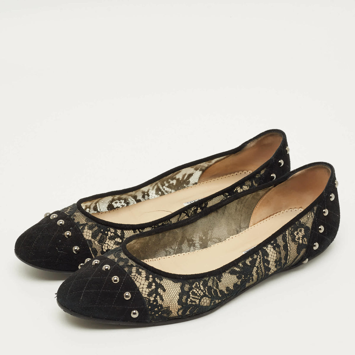 Oscar de la Renta Size 41 Black Lace and Suede Ballet Flats