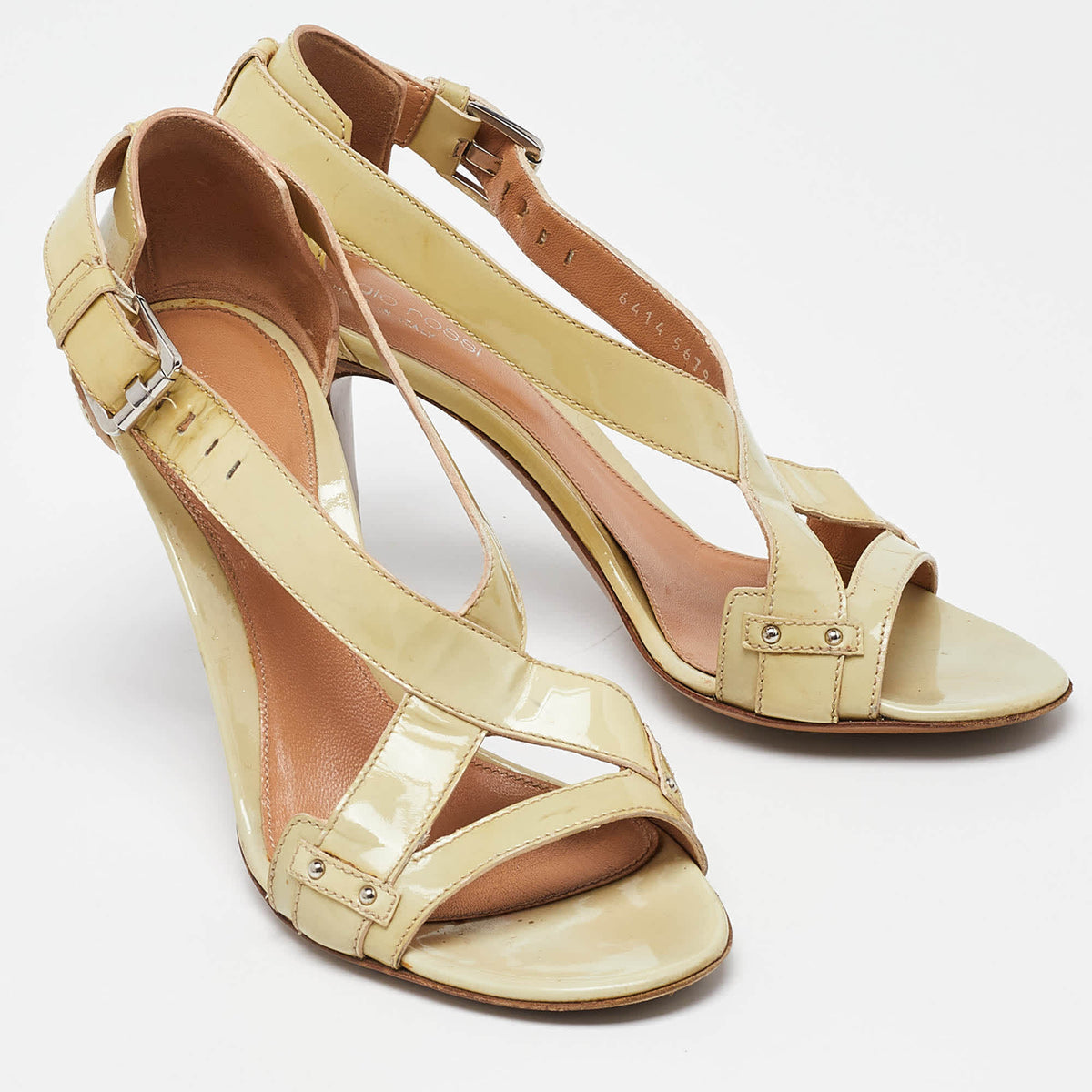 Sergio Rossi Size 37 Beige Patent Leather Ankle Strap Sandals