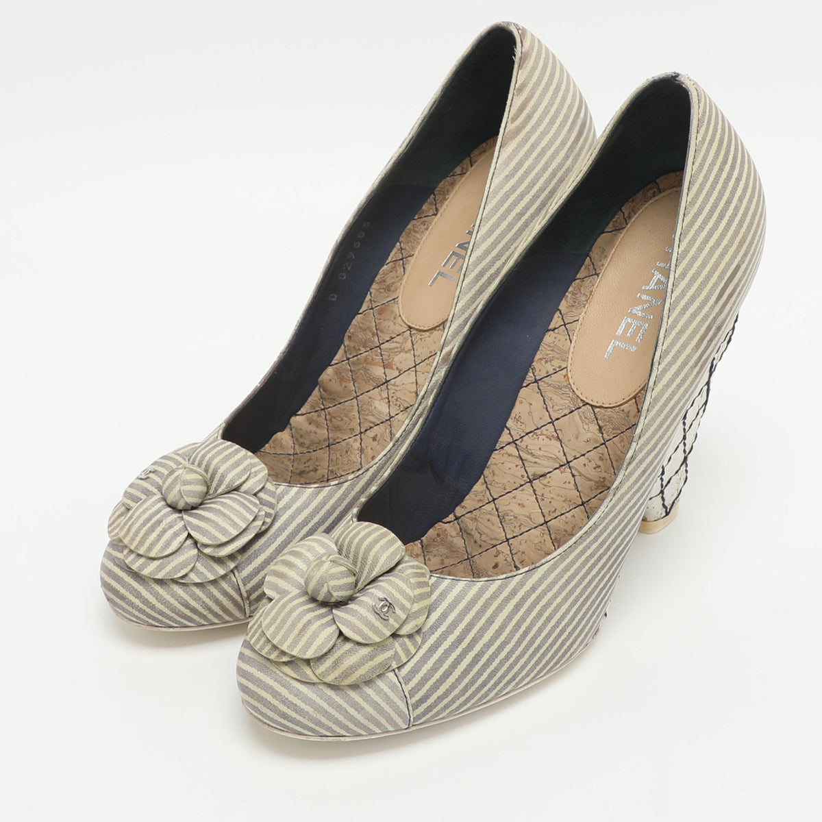 Chanel Camelia Size 39 Beige Stripe Leather Wedge Pumps