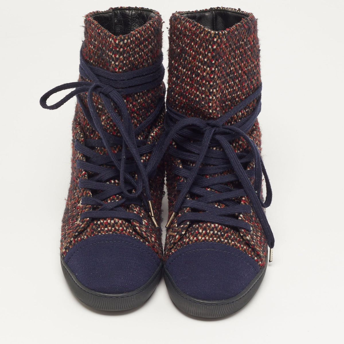 Chanel CC Size 36 Multicolor Tweed Lace Wrap High Top Sneakers