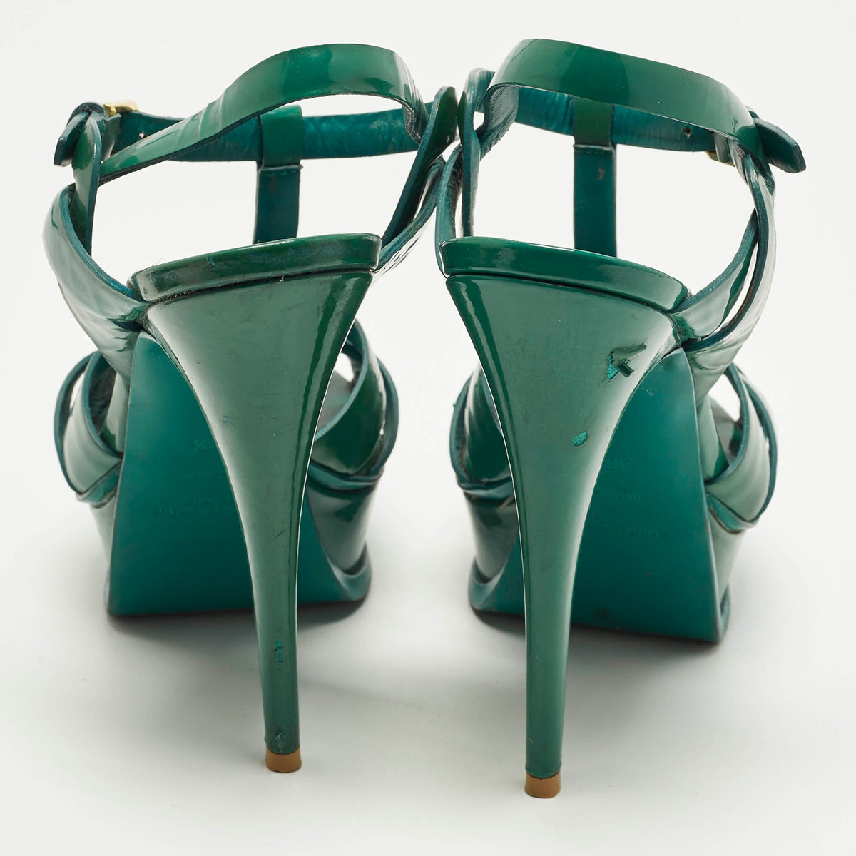Saint Laurent Tribute Size 37 Green Patent Leather Ankle Strap Sandals