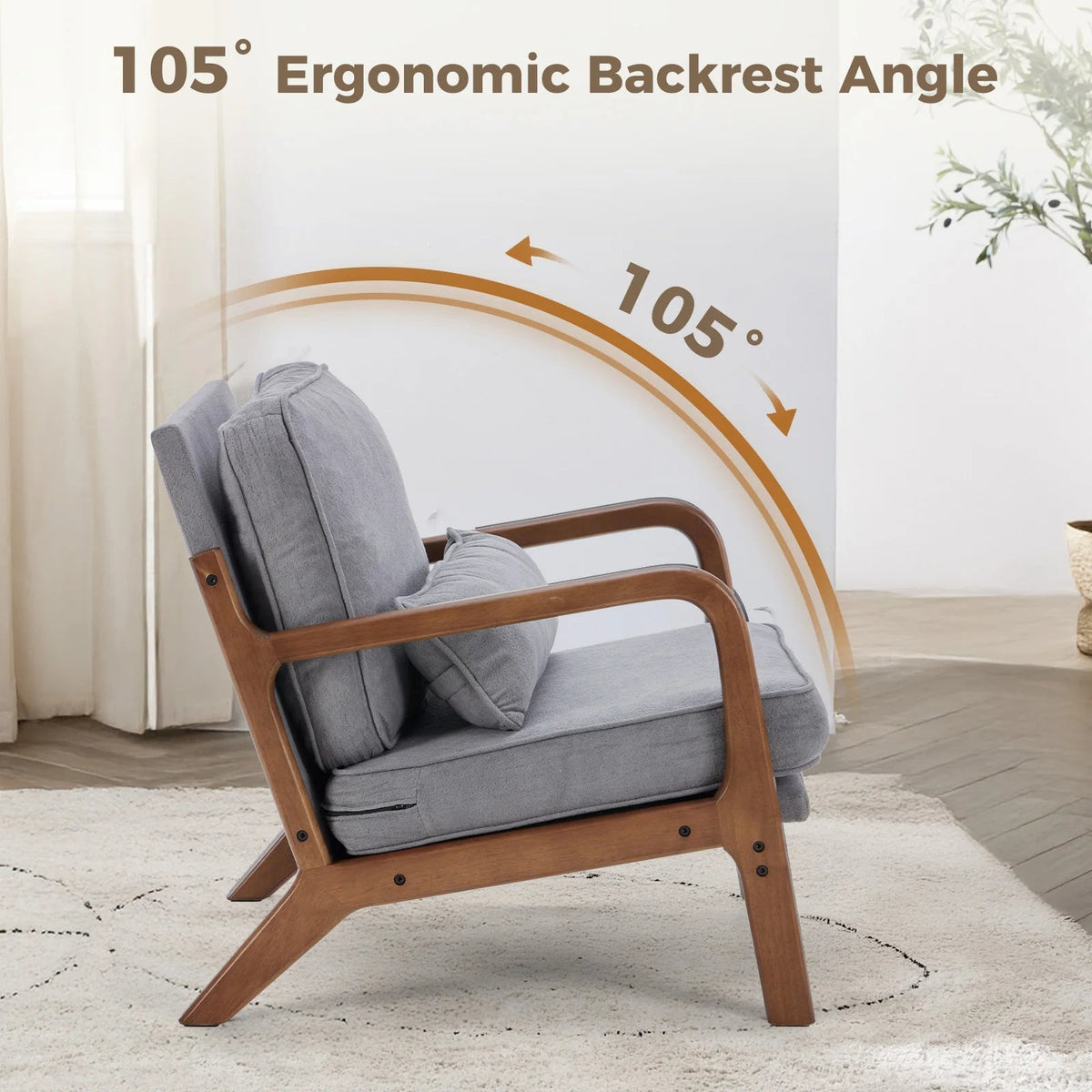 Mid-Century Modern Accent Chair with Solid Wooden Frame, Armrests, and Waist Cushion for Adults - Ideal for Reading and Lounging