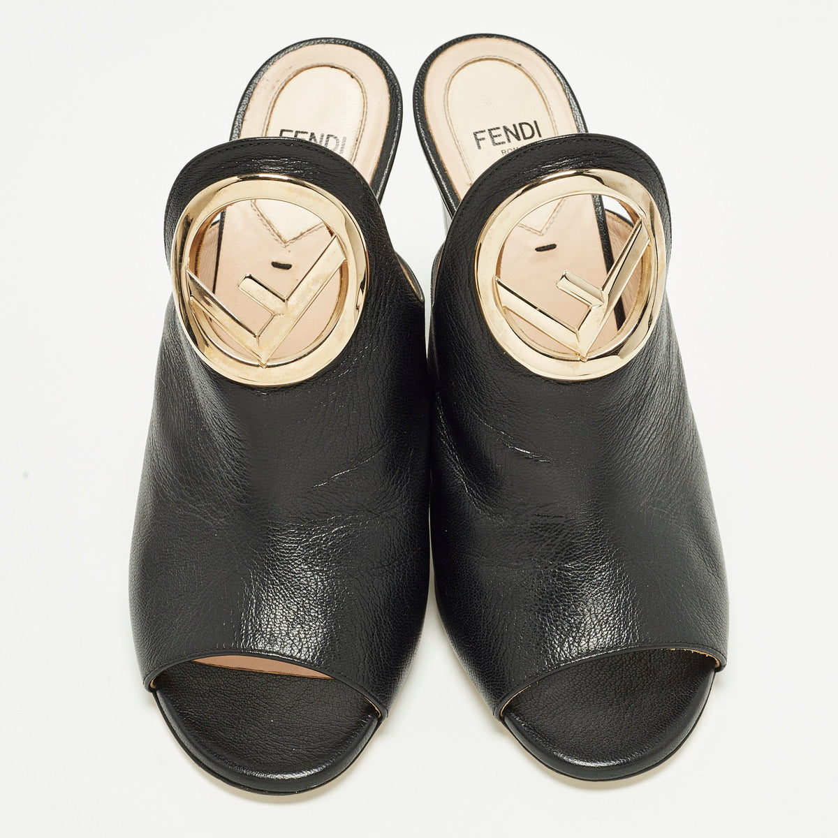 Fendi Size 38 Black Leather F Logo Mules