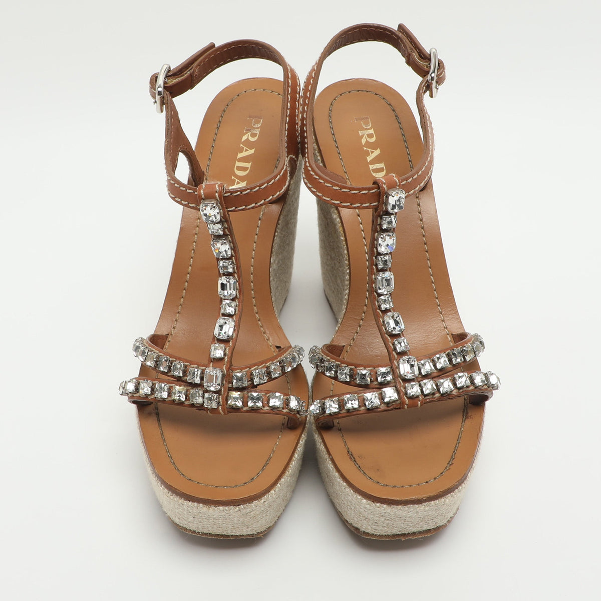 Prada Brown Leather Crystal Embellished T Strap Wedge Slingback Sandals Size 38