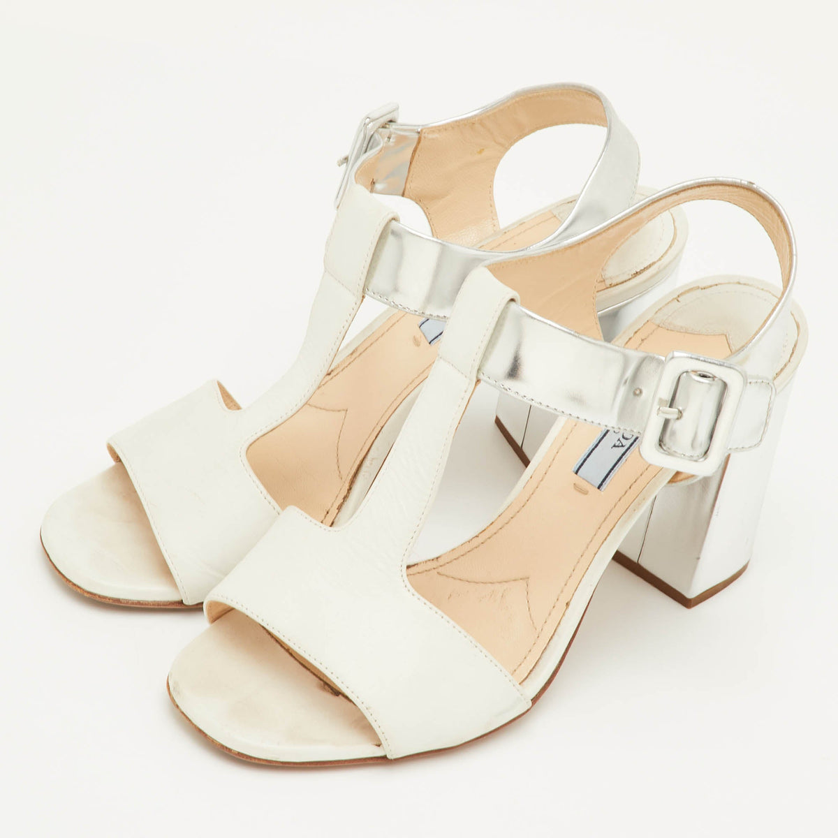 Prada Size 37 White/Silver Leather Block Heel T-Strap Sandals