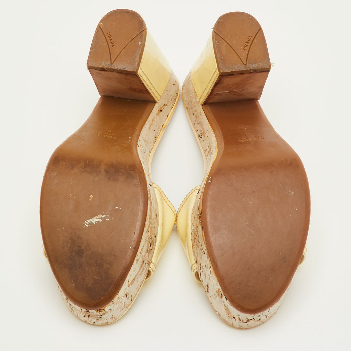 Prada Size 41 Cream Patent Leather Cork Platform Block Heel Sandals