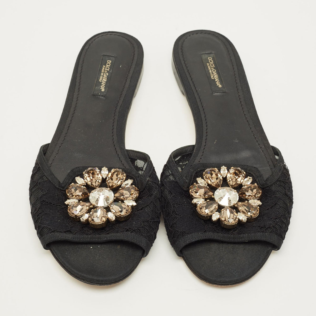 Dolce & Gabbana Sofia Size 38.5 Black Lace Crystal Embellished Flat Slide Sandals