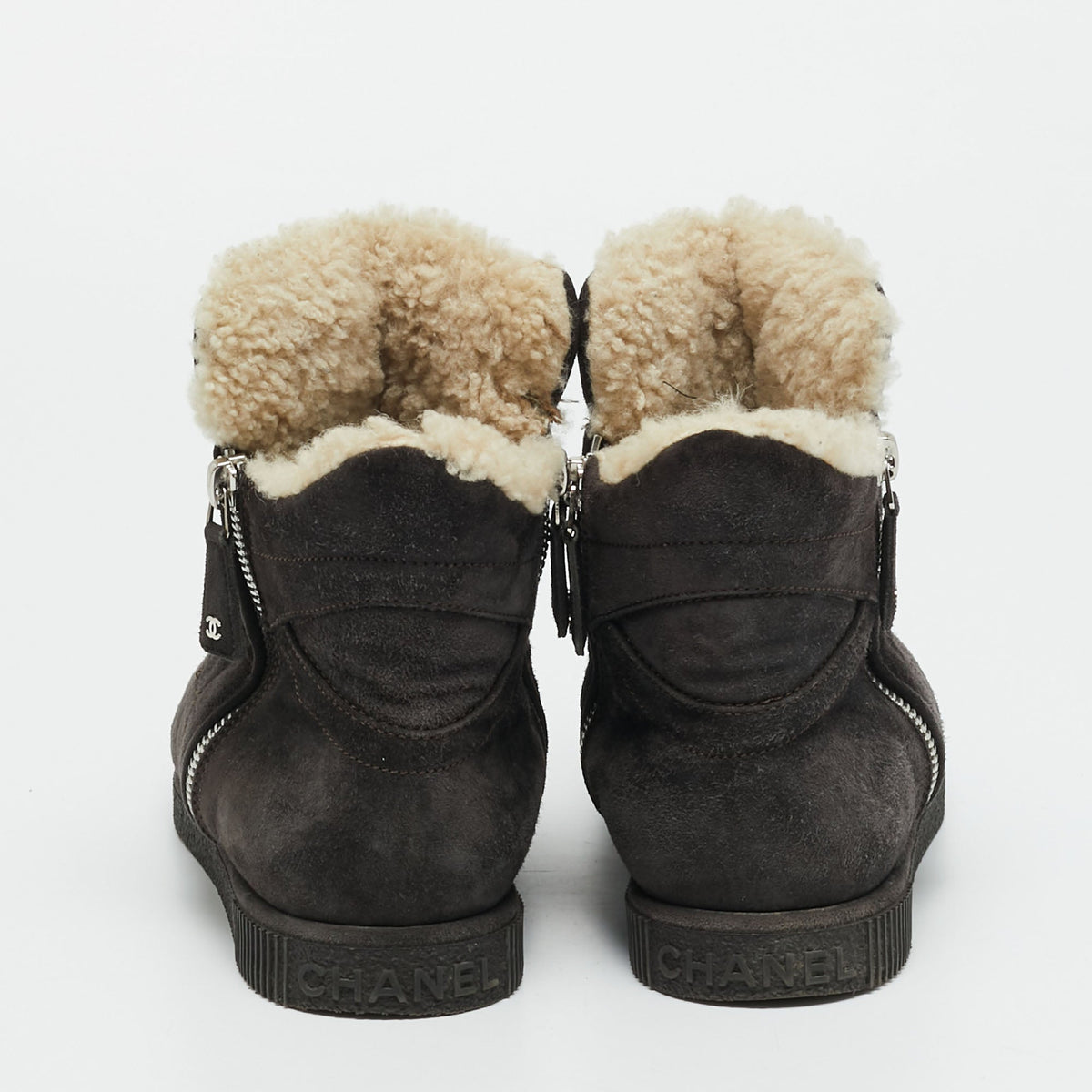Chanel CC Size 37.5 Black Shearling and Suede Ankle Length Boots