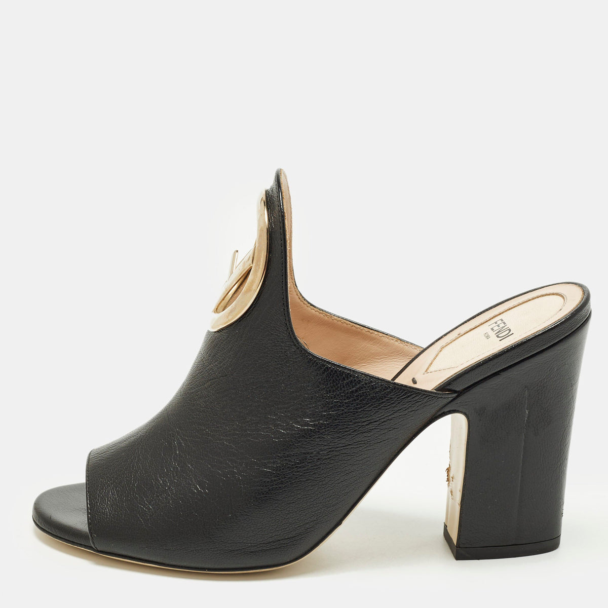 Fendi Size 38 Black Leather F Logo Mules