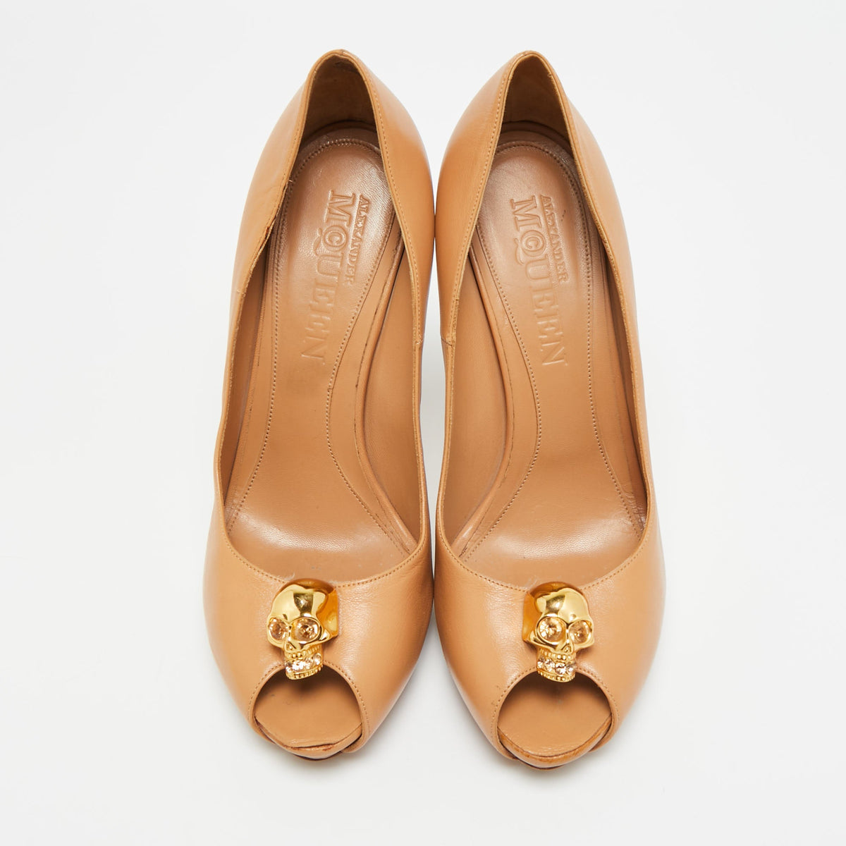 Alexander McQueen Skull Size 40 Brown Leather Peep Toe Platform Pumps