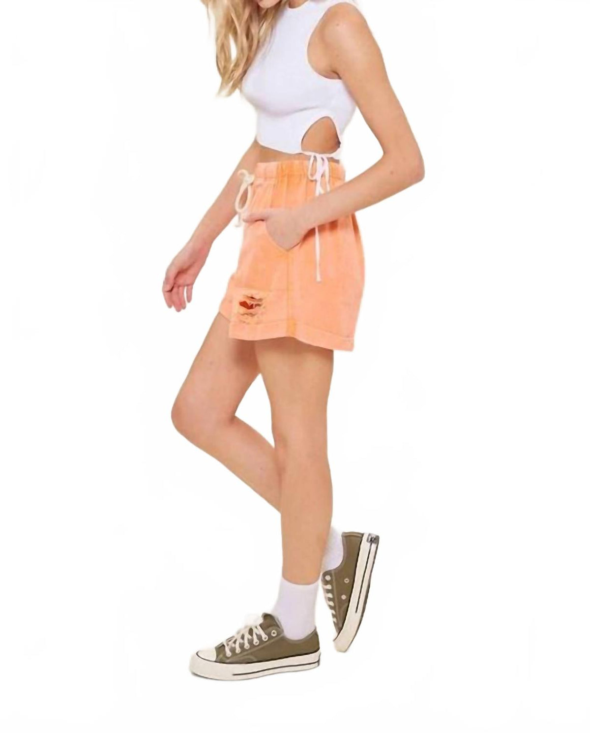 Side Drawstrings Sleeveless Rib Knit Sweater Top In White