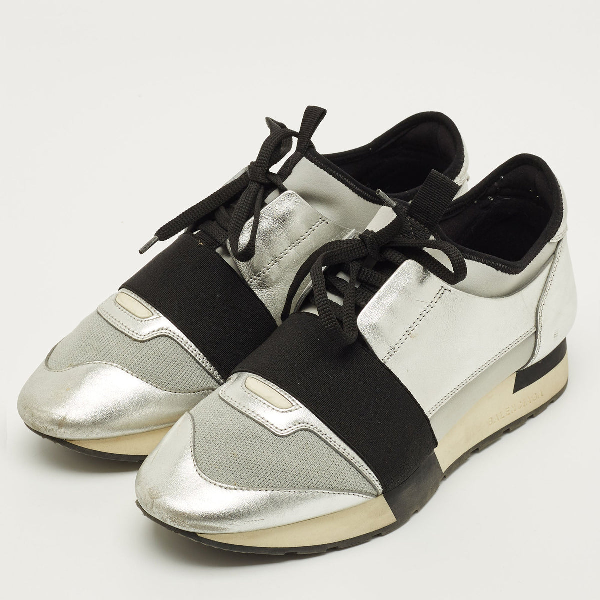 Balenciaga Race Runner Size 39 Silver/Grey Leather and Mesh Low Top Sneakers
