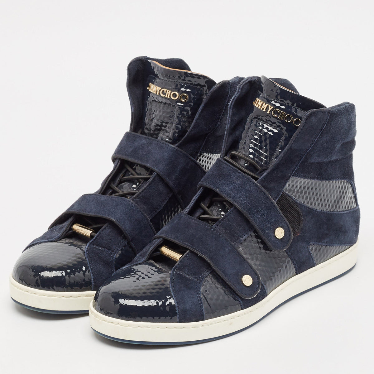 Jimmy Choo Navy Blue Suede and Patent Yazz High Top Sneakers Size 36.5