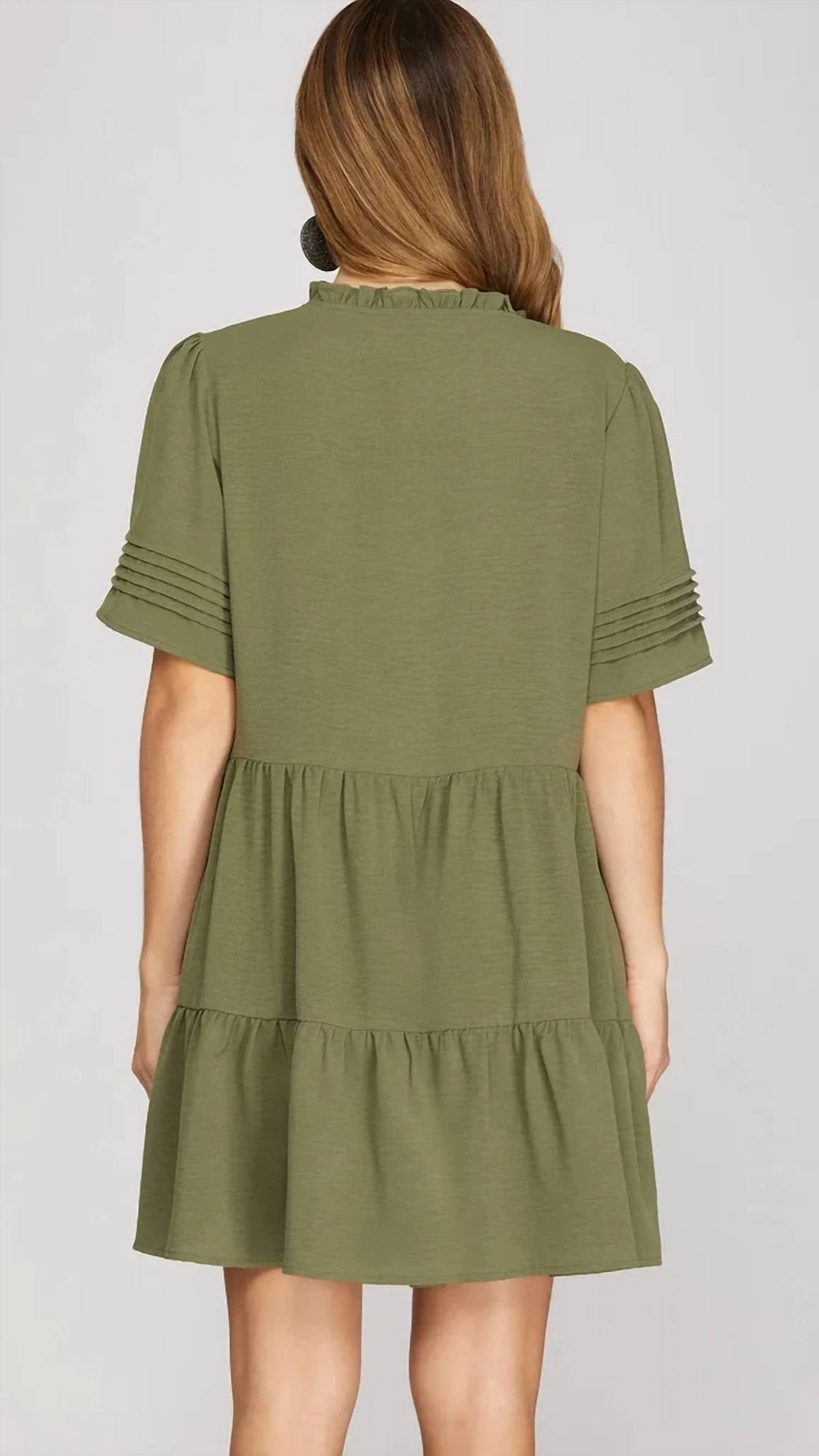 V-Neck Tiered Dress In Olive
