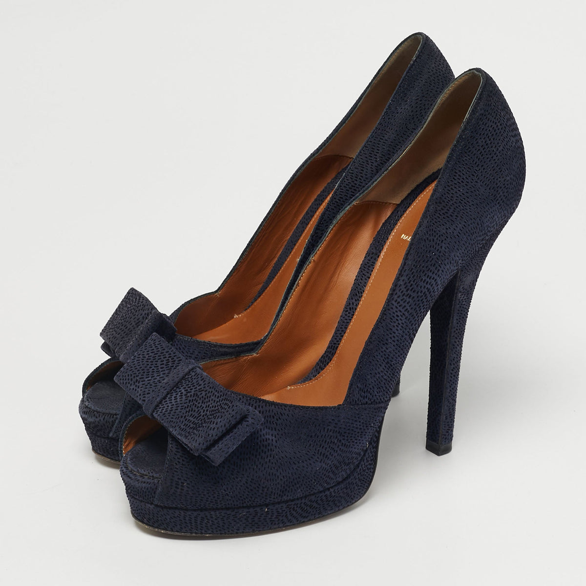 Fendi Size 41 Navy Blue Suede Bow Peep Toe Platform Pumps