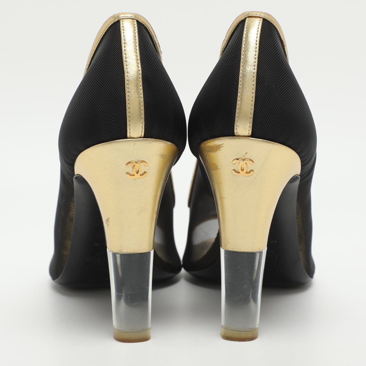 Chanel CC Size 37.5 Black/Gold Leather and Mesh Peep Toe Pumps