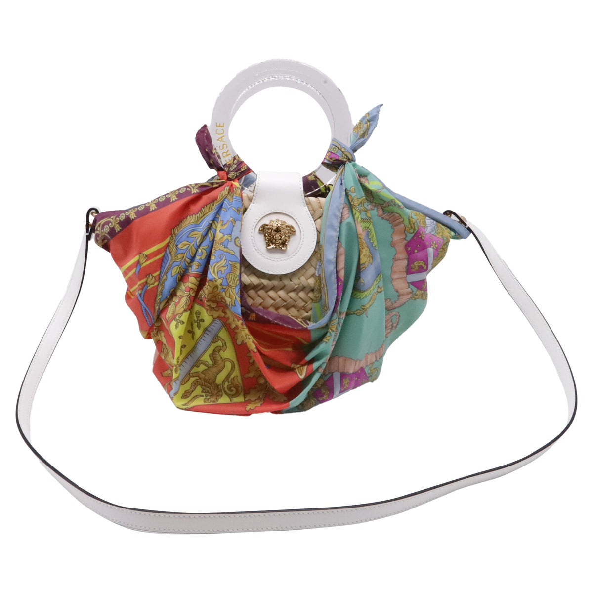 Versace Woven Scarf La Medusa Handle Bag in Multicolor Raffia