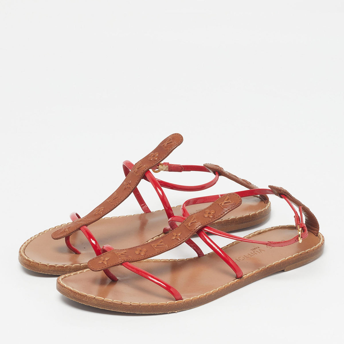 Louis Vuitton Size 39 Brown/Red Monogram Leather and Patent Flat Ankle Strap Thong Sandals