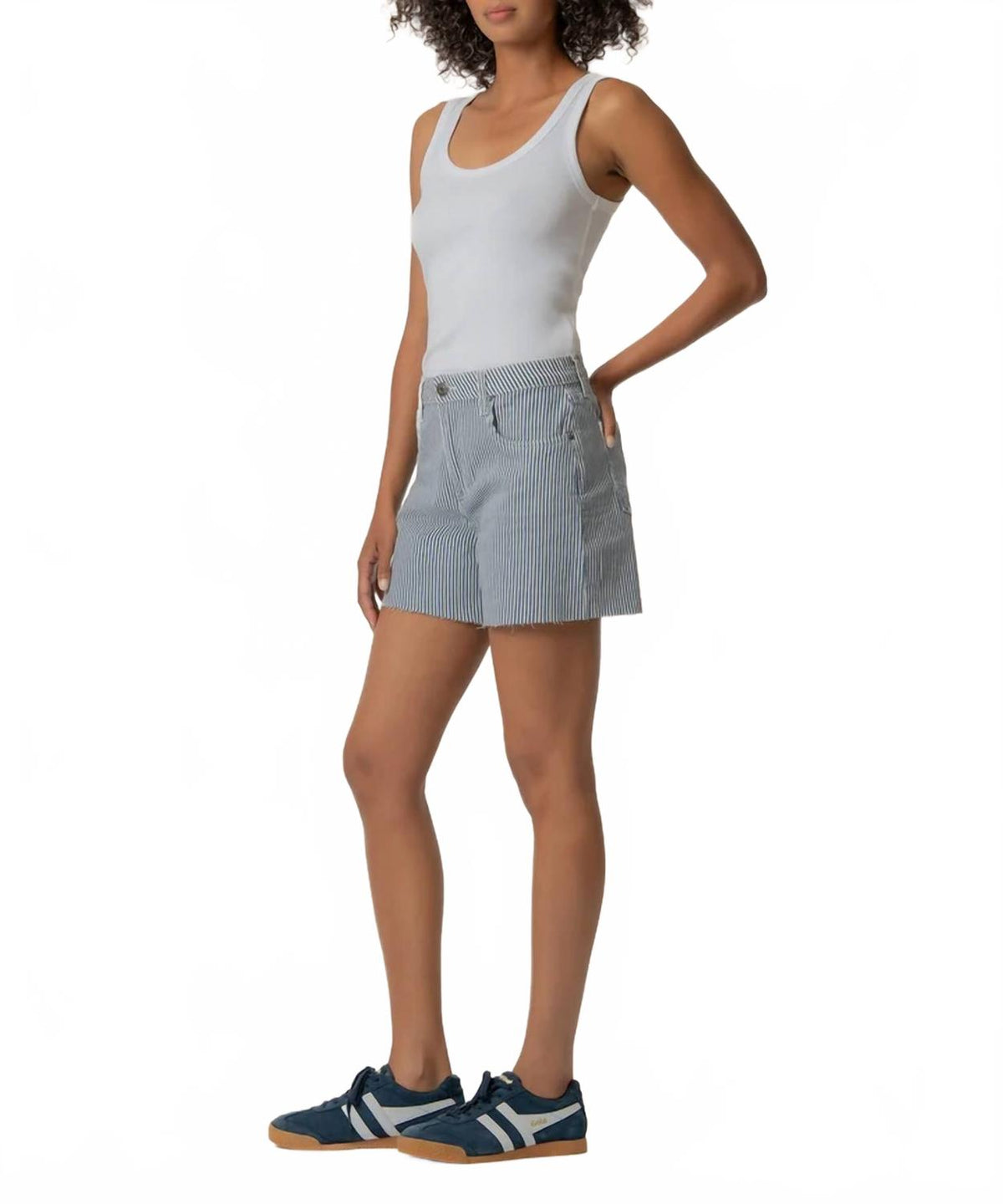 Jane High Rise Long Short With Raw Hem In Navy Ivory