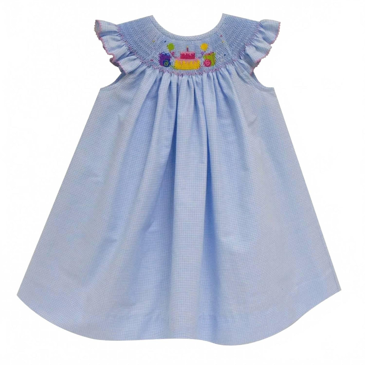 Girls' Birthday Smocked Angel Wing Bishop Dress In Light Blue Gingham