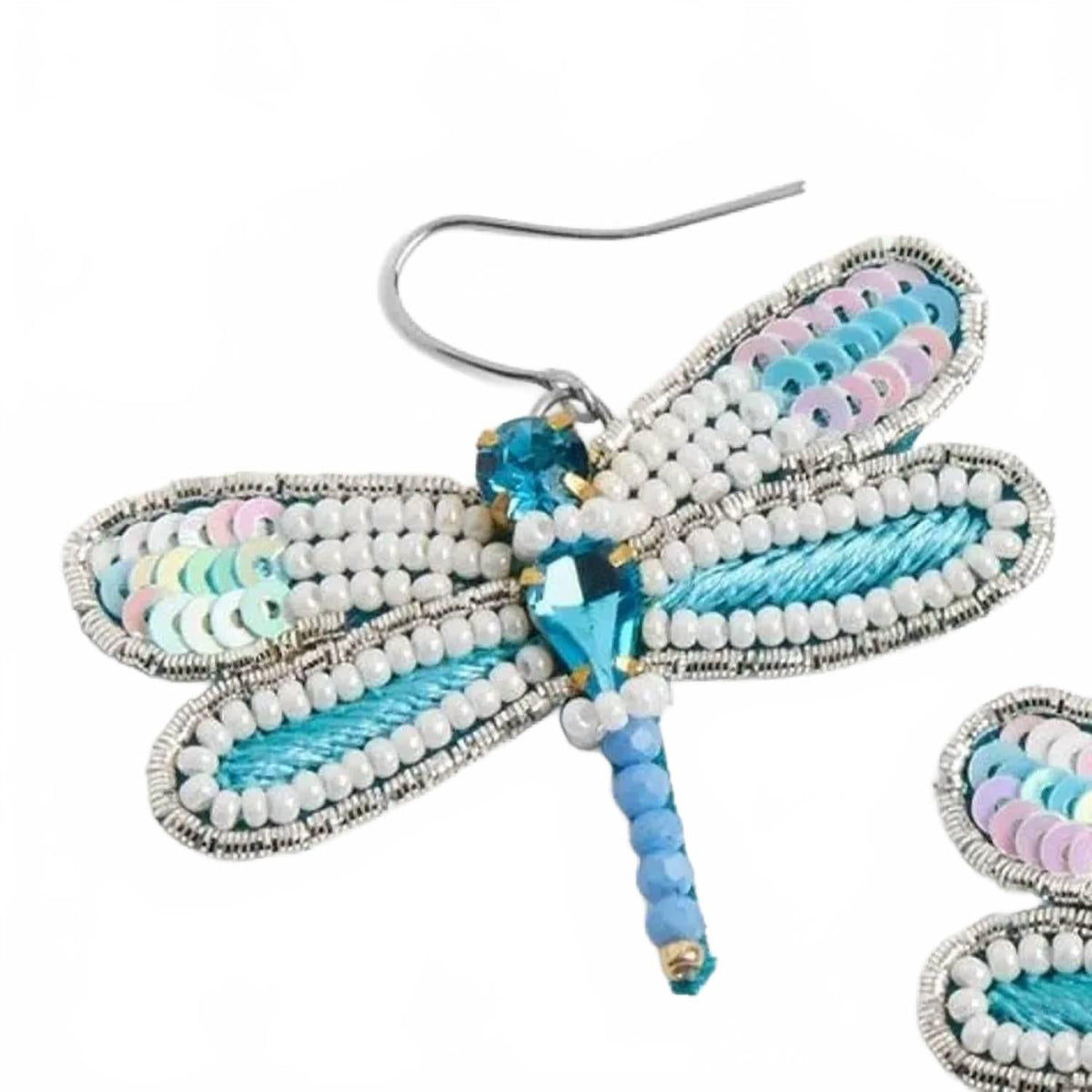 Women's Beaded Dragonfly Dangle Earring In Turquoise Blue White