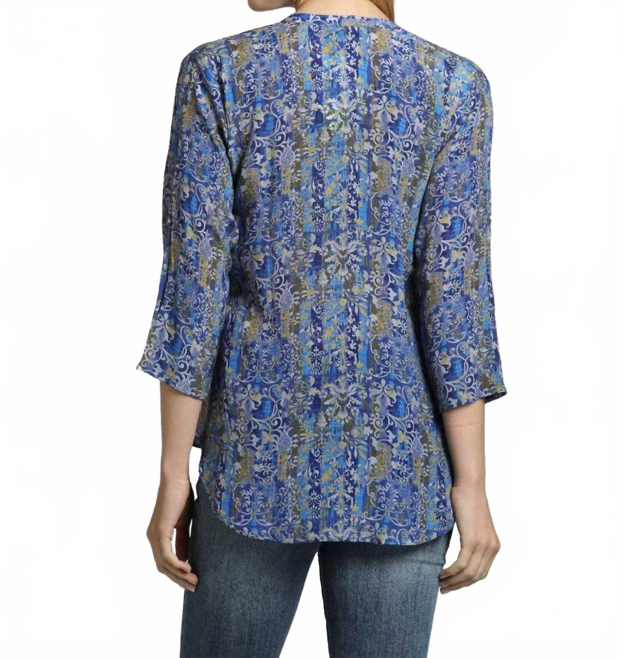 Mandarin Collar Button Up Shirt In Blue Paisley Multi
