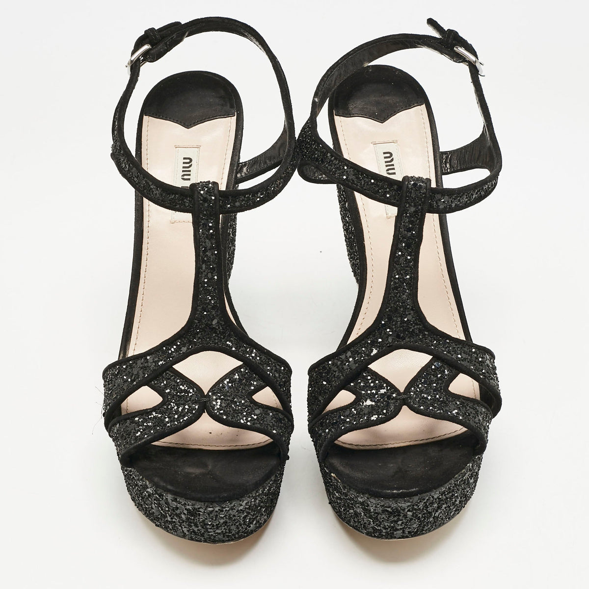Miu Miu Black Glitter Wedge Slingback Sandals Size 41