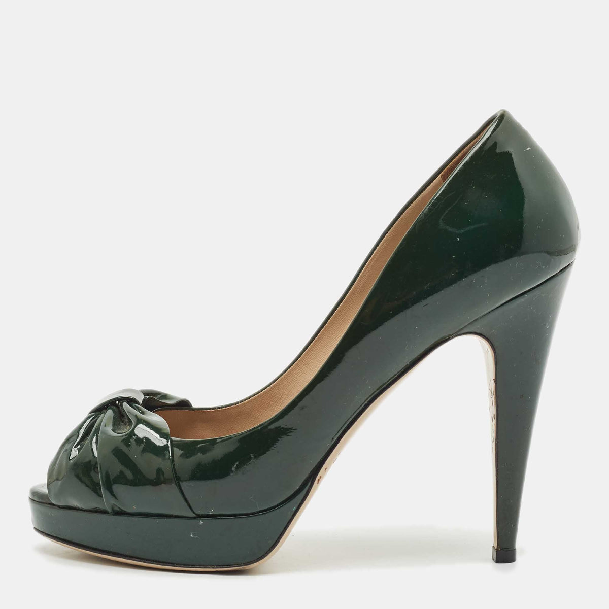 Valentino Green Patent Leather Knotted Bow Peep Toe Pumps Size 39.5