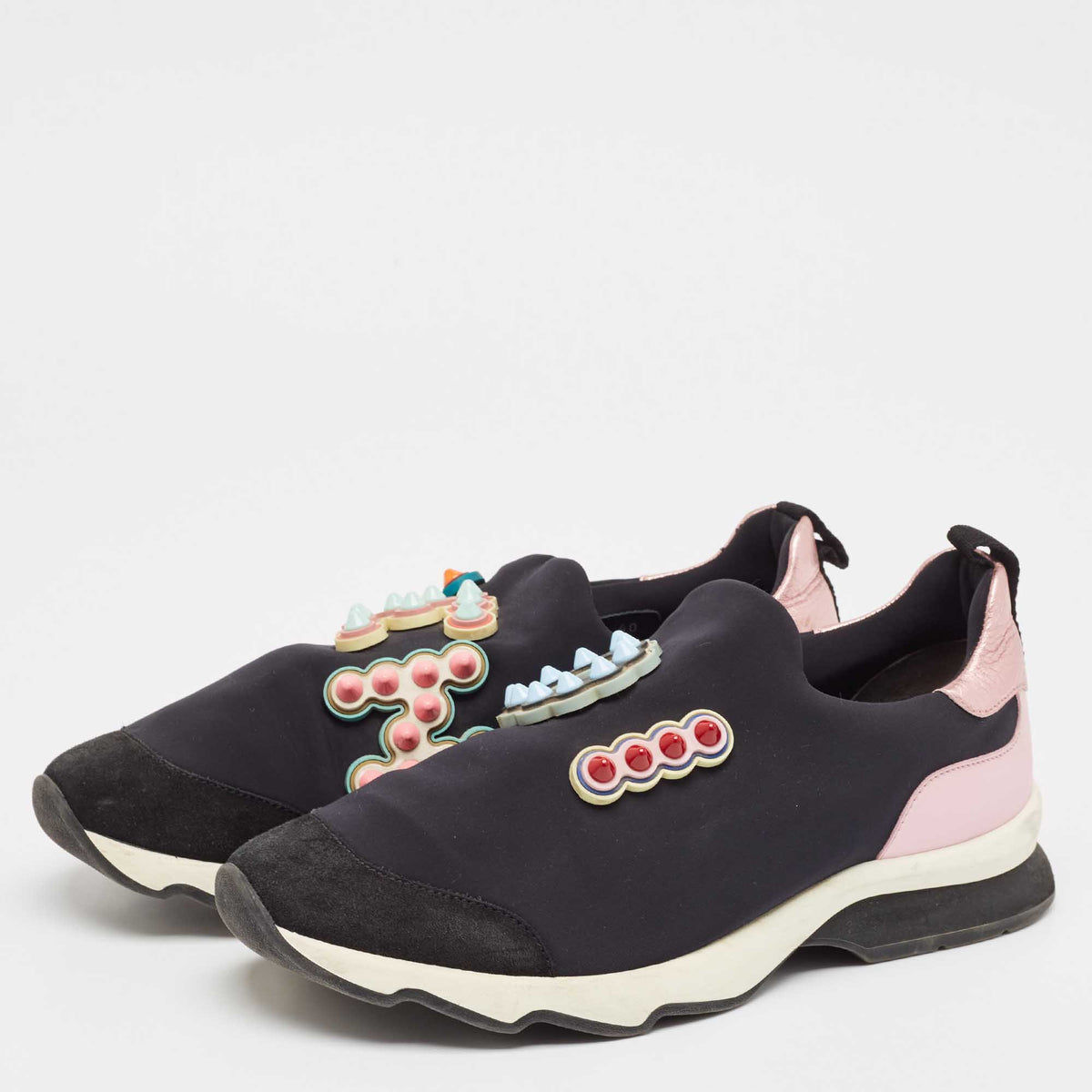 Fendi Multicolor Fabric and Leather Stud Embellished Slip On Sneakers Size 40