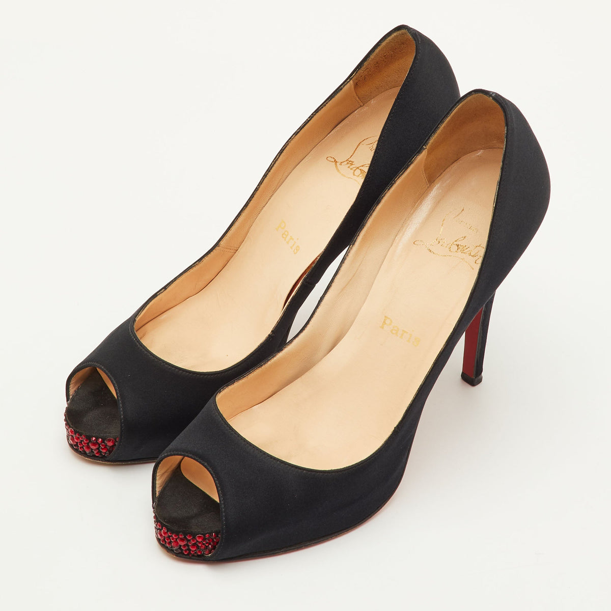 Christian Louboutin Very Prive Size 39 Black Satin Crystal Embellished Platform Peep Toe Pumps