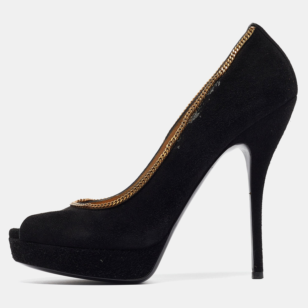 Gucci Black Suede Chain Trim Peep Toe Platform Pumps Size 40