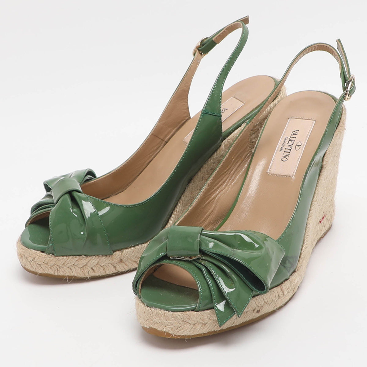 Valentino Bow Size 37 Green Patent Leather Wedge Slingback Sandals