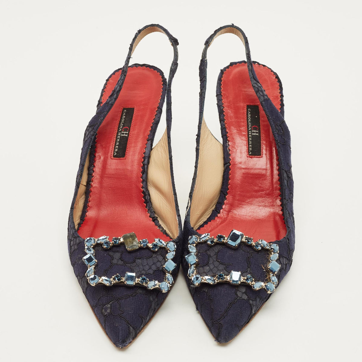 CH Carolina Herrera Size 40 Navy Blue Lace and Mesh Crystal Embellished Buckle Slingback Pumps