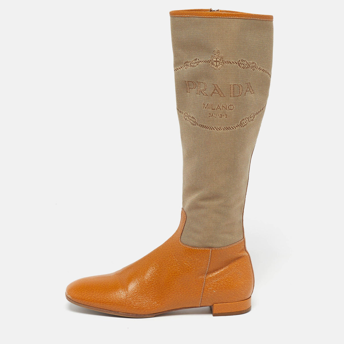 Prada Size 36.5 Brown/Beige Canvas and Leather Knee Length Boots
