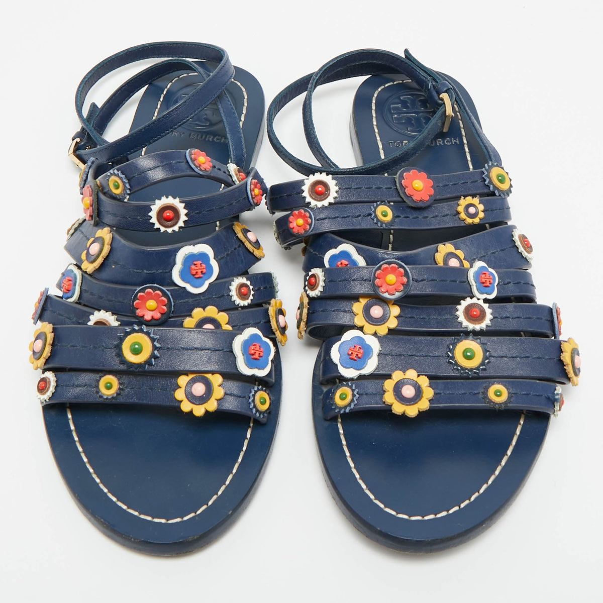 Tory Burch Size 37.5 Blue Leather  Floral Appliqu&eacute;d Ankle Wrap Flat Sandals