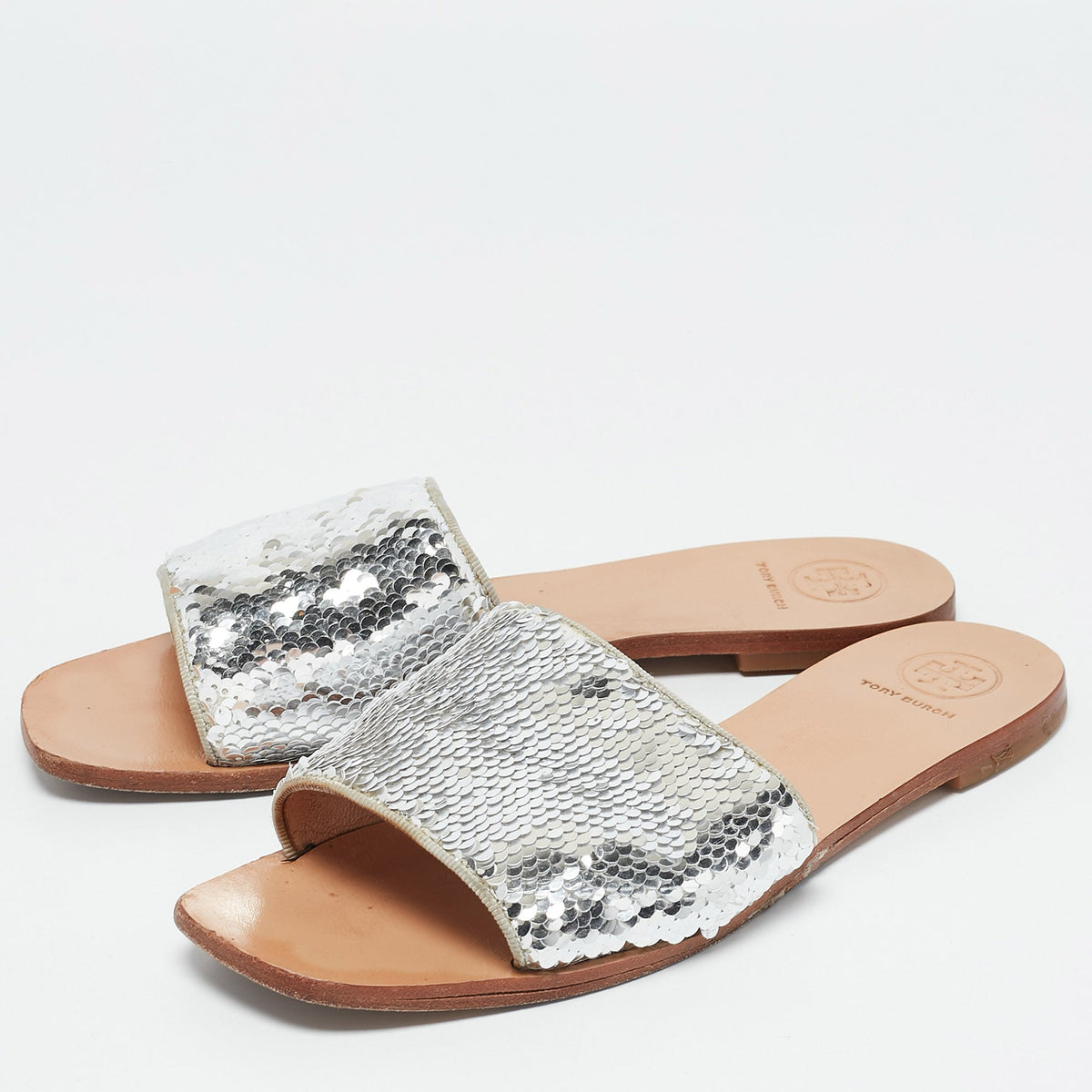 Tory Burch Silver Sequins Carter Flat Slides Size 38.5