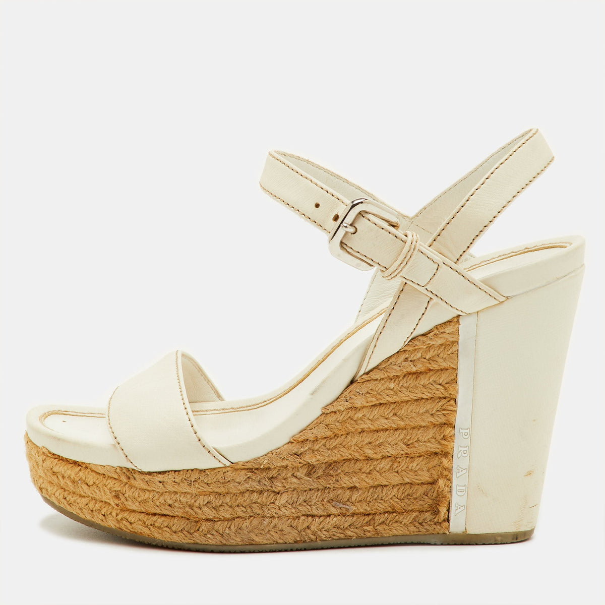 Prada Sport Size 36.5 White Leather Ankle Strap Platform Wedge Sandals