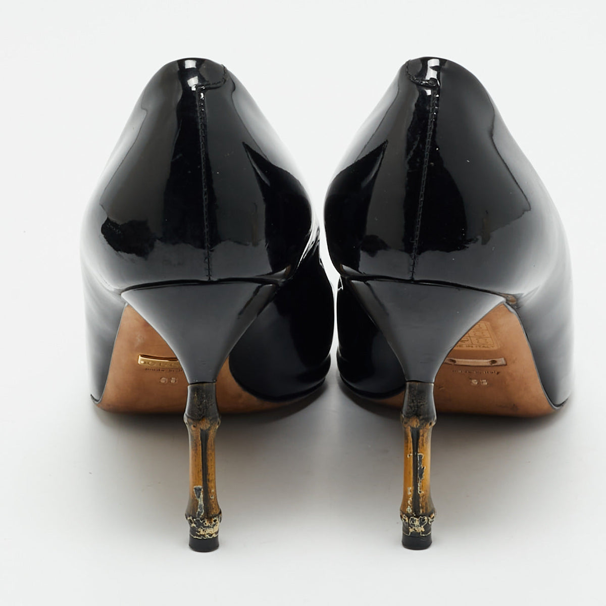 Gucci Black Patent Leather Kristen Bamboo Heel Pumps Size 38