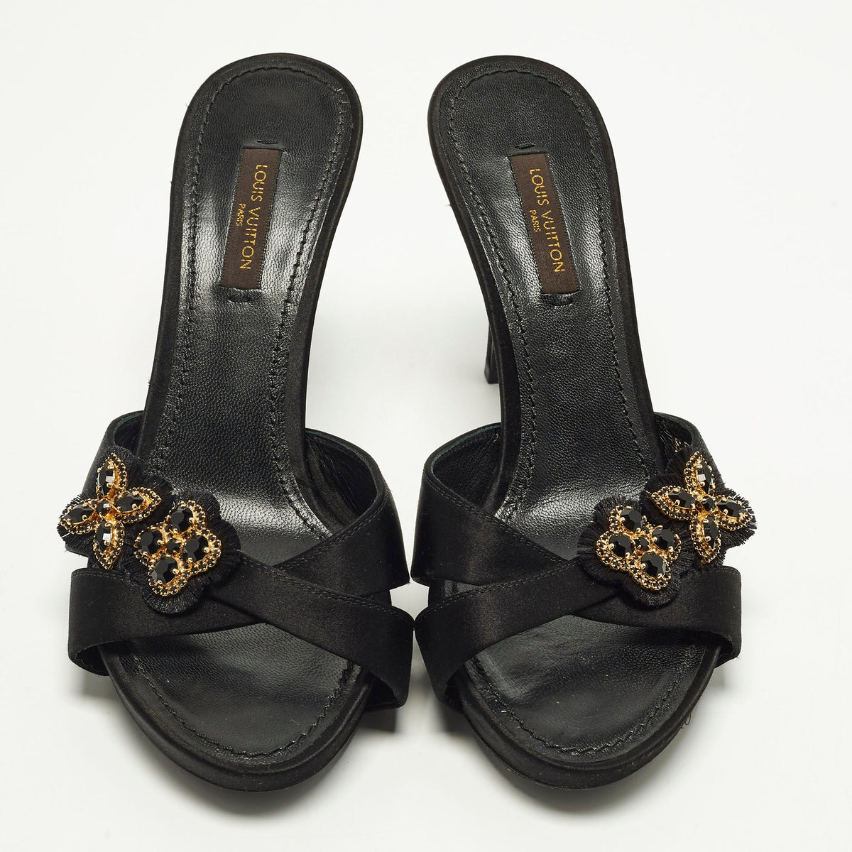 Louis Vuitton Size 36 Black Satin Embellished  Mules