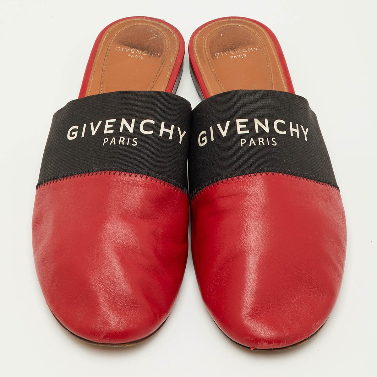 Givenchy Bedford Size 39 Red/Black Leather and Elastic Logo Flat Mules